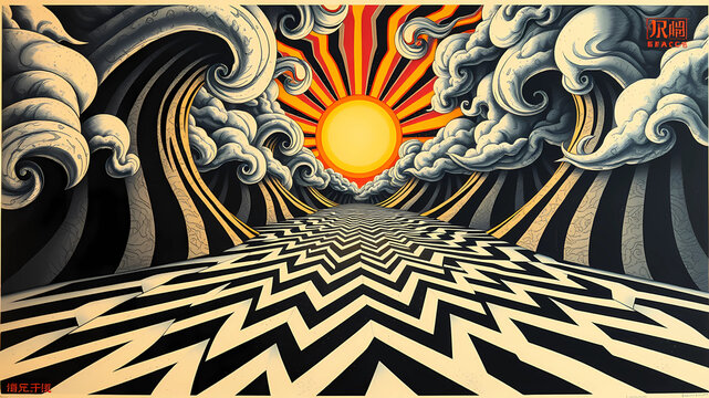 Japanese vintage poster, mind bending distortions, curved organic forms, symmetrical patterns, psychedelic clouds, black and white striped zebra print, chevron sun reflecting onto chevron water abstra