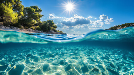 Fototapeta premium Podwodny kadr, pokazujący bezchmurne, słoneczne niebo i krystalicznie czystą wodę morską. 