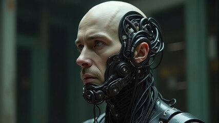 Obraz premium A half-human half-cyborg looks into the distance on a black background