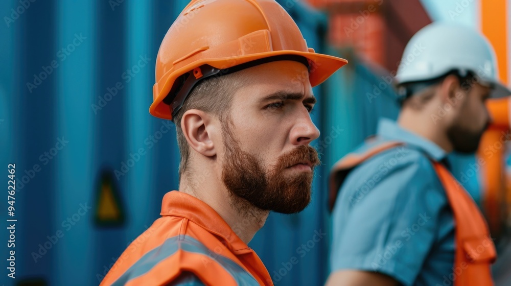 Poster a longshoreman dressed in a hardhat and uniform working collaboratively with an engineer at the busy