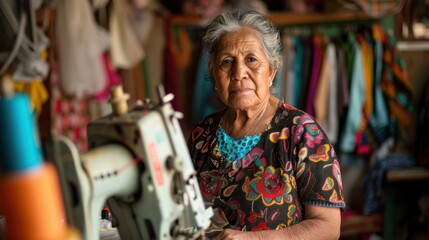 Obraz premium Elderly Woman Operating a Sewing Machine in a Workshop