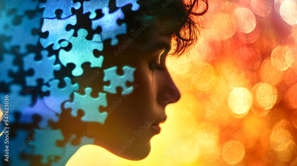 Poster the silhouette of a man appears layered with colorful puzzle pieces, representing the complexity of 