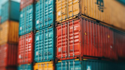 Fototapeta premium Stacked Colorful Cargo Containers in Shipping Yard with Blurred Background Showcasing Logistical and Global Trade