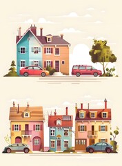 Obraz premium Colorful Cartoon Illustration of Houses on a Street