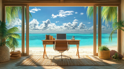 Fototapeta premium Coastal Inspiration Writer's Desk Facing the Ocean, a Serene View for Creative Freedom and Joyful Writing