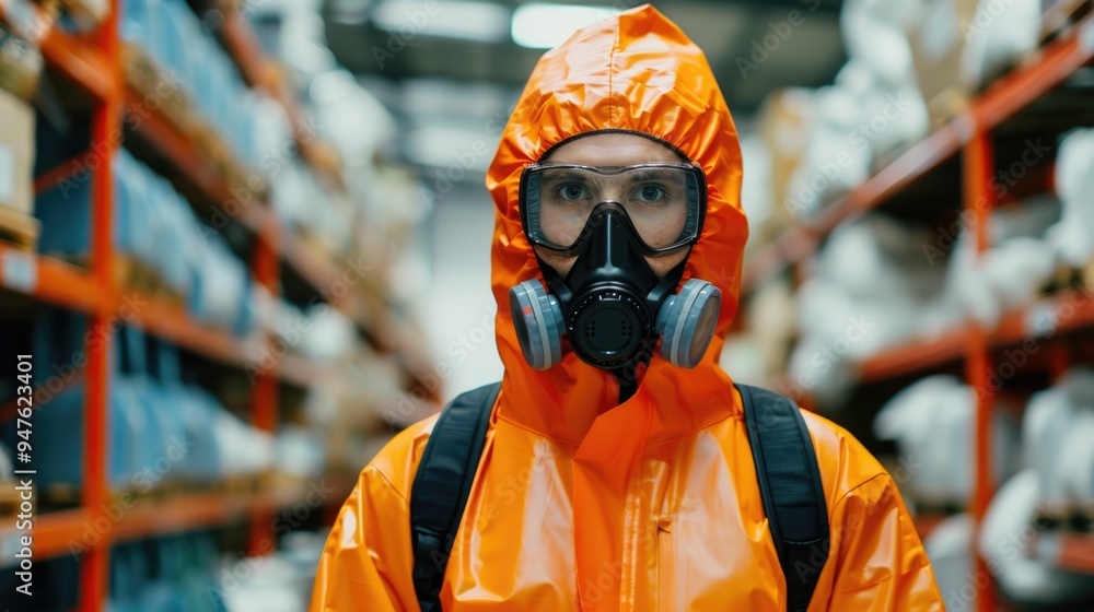 Poster photograph depicting a worker in protective gear handling hazardous materials in a warehouse setting