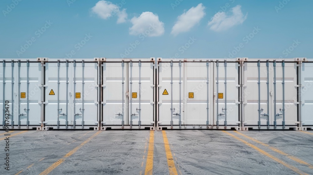 Poster rows of refrigerated shipping containers being monitored by staff in a large logistics hub or storag