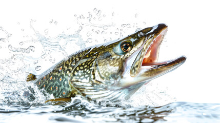 A stunning pike fish bursts from the water, mouth wide open, sending droplets flying in an artistic display of nature's beauty