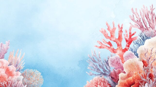 Coastal ecosystem, vibrant coral reefs and marine life, conservation efforts, Watercolor style, copy space