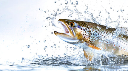 A vibrant trout bursts from the water, mouth open wide, sending droplets flying in a dazzling display of nature's elegance