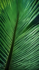 Lush Palm Leaf, close-up of a tropical palm leaf, long arching fronds, pattern of light and shadow