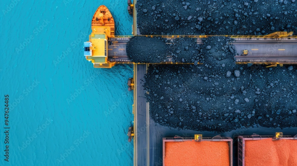 Poster aerial overhead view of a crane loading break bulk cargo onto a ship at a busy shipping terminal por