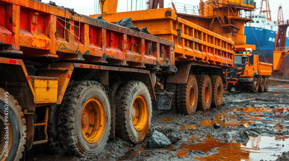 Poster oversized heavy construction equipment and dump trucks performing loading and unloading procedures a