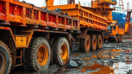 Fototapeta premium Oversized heavy construction equipment and dump trucks performing loading and unloading procedures at a busy industrial freight terminal