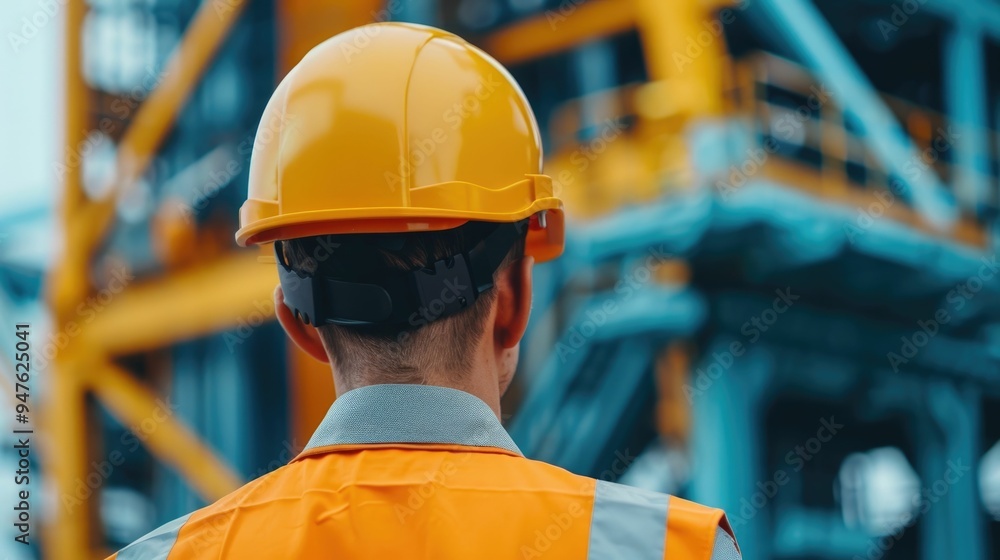 Poster engineer in hardhat directing crane machinery for loading and transporting heavy cargo freight at an