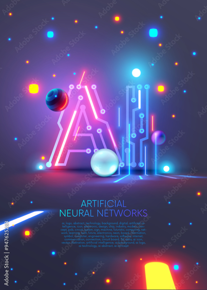 Leinwandbilder AI logo or icon. Abstract technology conceptual poster with AI neon letters. AI text consist at pcb, neon electronic signals in cyberspace. Artificial intelligence vertical tech background or banner.