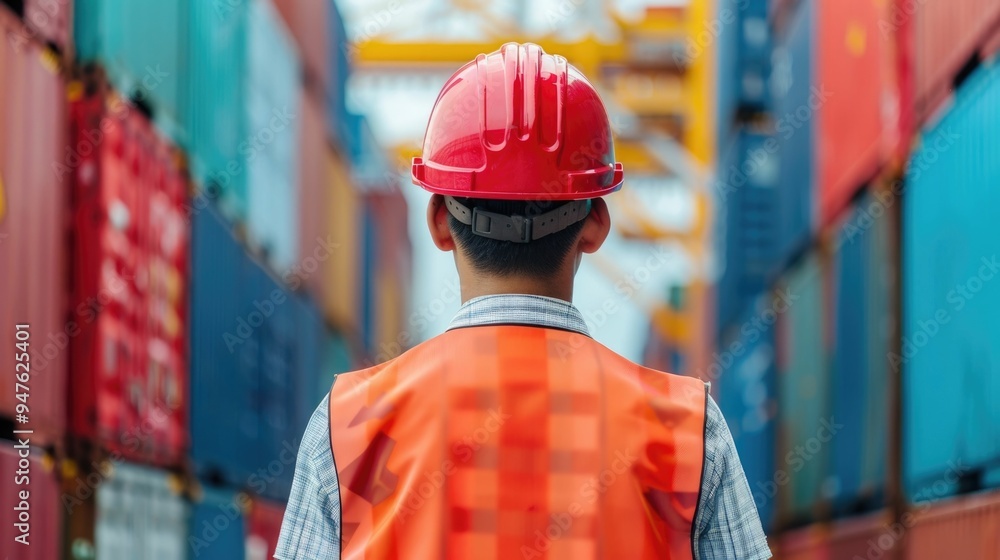 Wall mural cargo container ship loading process being overseen by a safety conscious engineer wearing protectiv