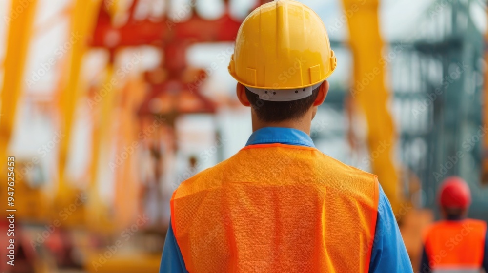 Poster experienced construction engineer in safety gear directing crane and loading procedures at an indust