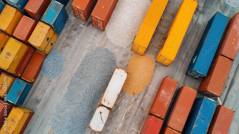 Aufkleber overhead view of bulk cargo management at a commercial shipping terminal with stacked containers fre