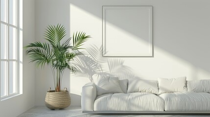 Minimalist living room with a blank wall frame and a single plant