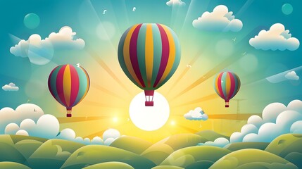 Fototapeta premium Colorful Hot Air Balloons Floating Above Green Hills and Blue Sky