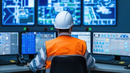 Engineer in Cargo Control Room Monitoring with Deep Field of View on Multiple Screens and Dashboards Displaying Data Analytics and Automation Systems for Logistics and Infrastructure Management