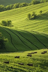 Fototapeta premium Organic farm with rotational grazing and pasture management. Livestock moving between grassy fields, Generative AI