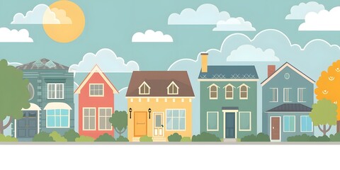 Fototapeta premium Cartoon Illustration of a Row of Colorful Houses with a Blue Sky and Clouds