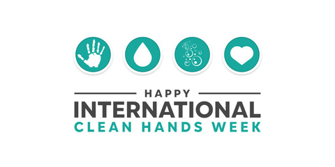 International Clean Hands Week. Hand, water, bubbles and heart. Great for cards, banners, posters, social media and more. White background.