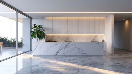 Minimalist Modern Kitchen with Marble Island and Backsplash