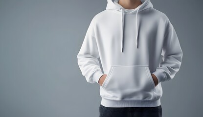 White hoodie mockup template on a mannequin with hands in pockets, gray background, high resolution, high detail, hyper-realistic, photography studio.
