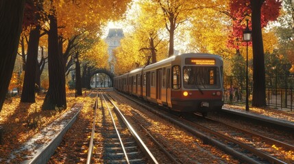 Fototapeta premium Train Passing Through Autumnal Park