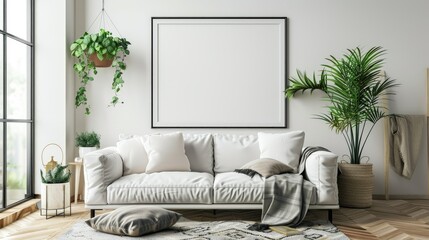 Minimalist living room with a blank wall frame and a single plant