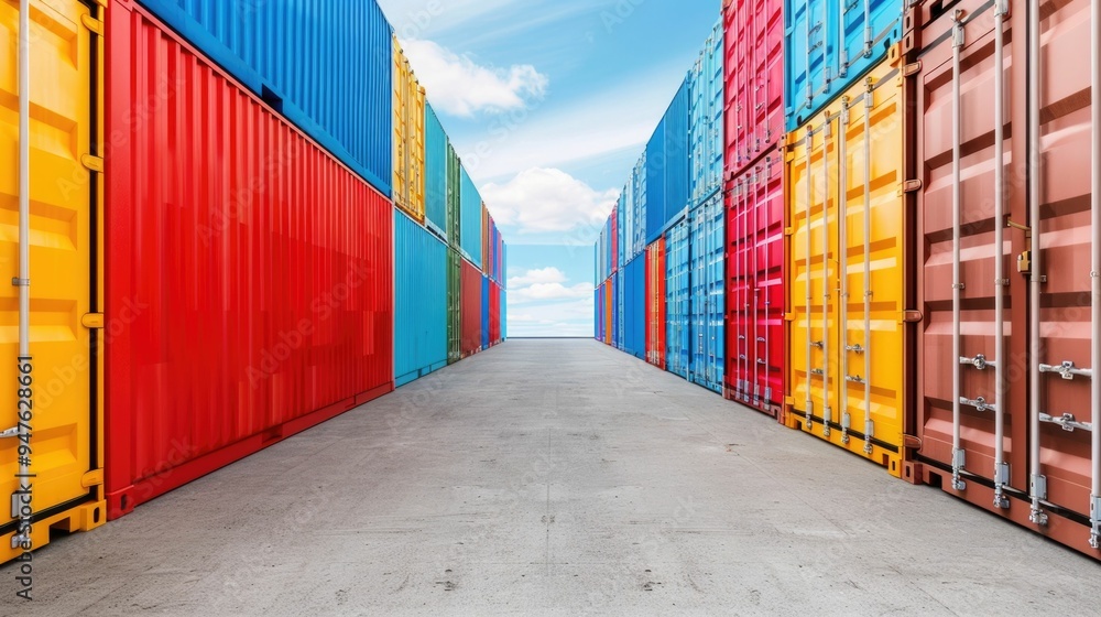 Poster colorful cargo containers stacked in a shipping yard with deep depth of field representing the globa