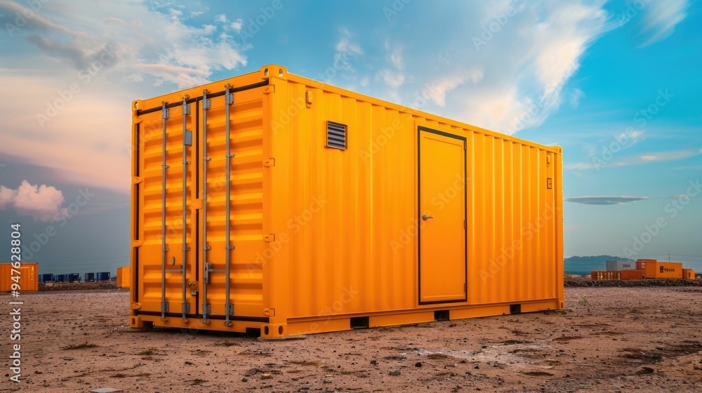 Poster cargo container retrofitting for special goods with deep depth of field in an industrial landscape s