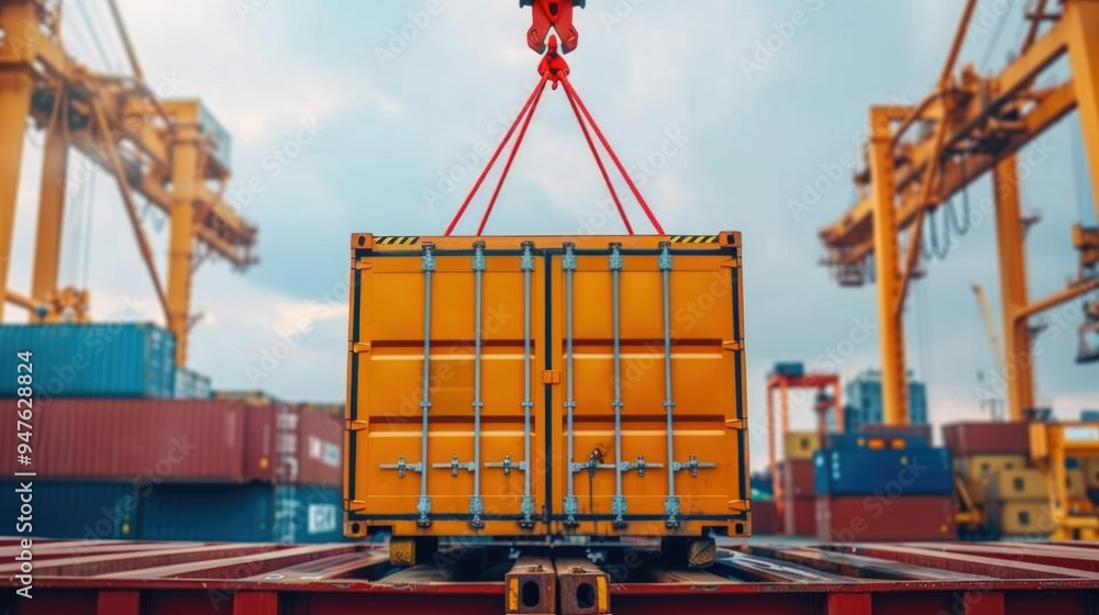 Poster heavy lift cargo with towering cranes moving containers in a bustling port terminal efficient loadin