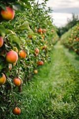 Organic fruit orchard with sustainable practices and insect-friendly habitat. Farmers harvesting ripe fruits, Generative AI