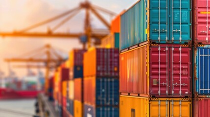 Fototapeta premium Aerial view showcasing the intricate cargo engineering at a thriving seaport terminal Rows of colorful shipping containers towering cranes