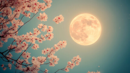 
Full moon on the sky with flowers tree branch.