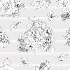 Fototapeta premium Hand drawn pencil graphic illustration seamless pattern of vintage flowers