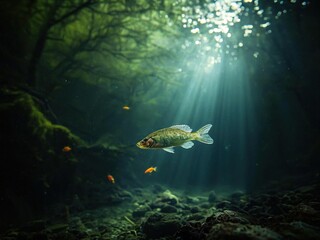 Fototapeta premium A single fish swims through the clear water of a freshwater stream, with sunlight streaming down from above. The stream bed is covered in rocks and moss.