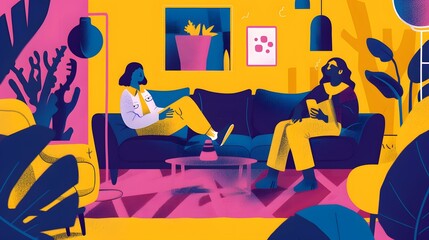 Two Women Relaxing on a Sofa in a Colorful Room
