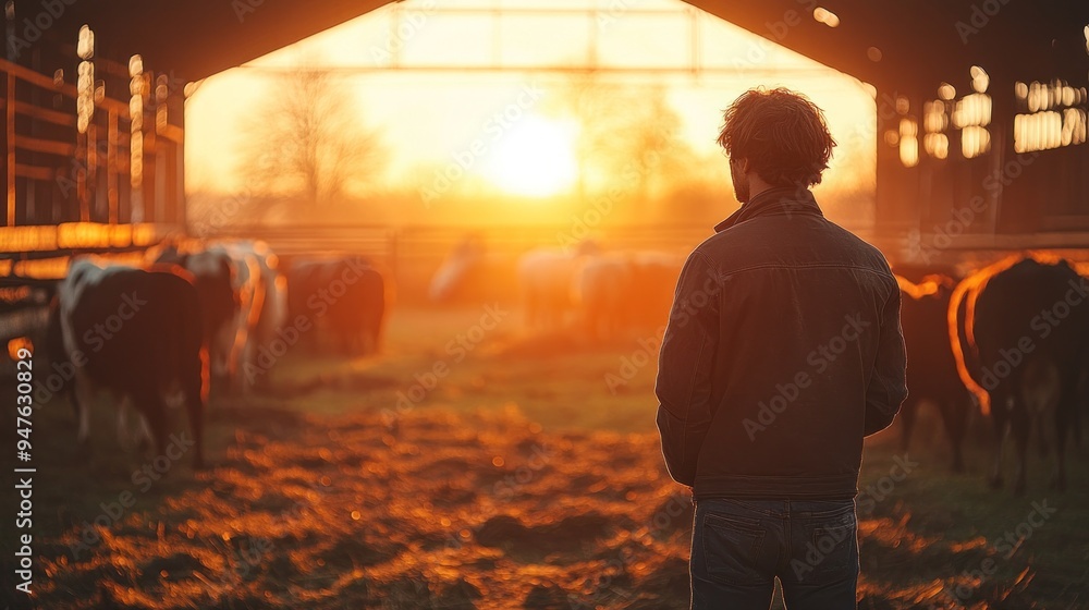 Sticker man standing in a barn at sunset