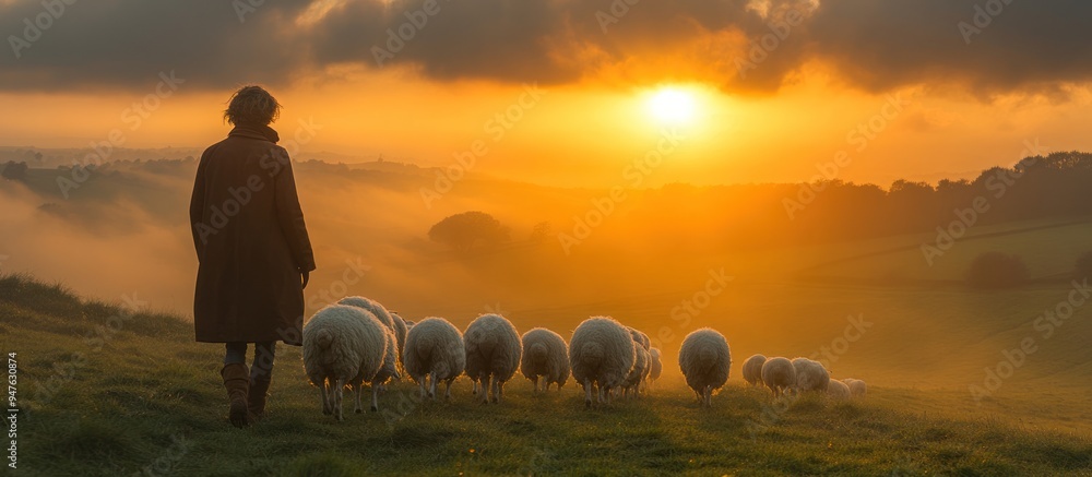 Sticker shepherdess leading sheep at sunset