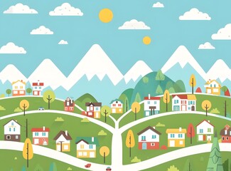 Flat Illustration of a Cartoon Village in the Mountains