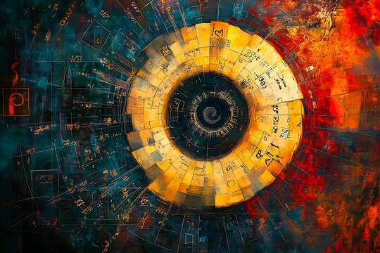 A swirling visualization of pi surrounded by math symbols.