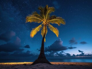 A single palm tree stands tall on a sandy beach under a breathtaking night sky filled with stars.