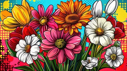 A Vibrant Bouquet of Flowers in a Pop Art Style