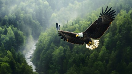 10. A majestic bald eagle soaring high above a dense forest with a river winding through the landscape below