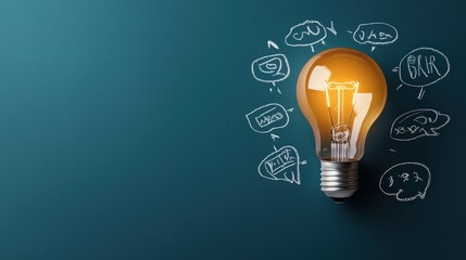 Another illuminated lightbulb sits in the center of a whiteboard with thoughts scrawled all around it.